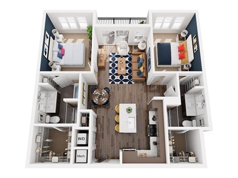 Floor plan for 2 beds, 2 baths, 1362 sqft